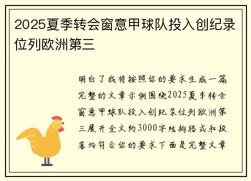2025夏季转会窗意甲球队投入创纪录位列欧洲第三