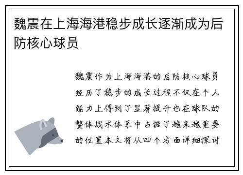 魏震在上海海港稳步成长逐渐成为后防核心球员 魏震在上海海港稳步成长逐渐成为后防核心球员