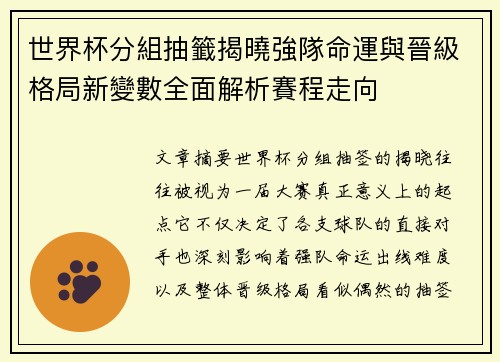 世界杯分組抽籤揭曉強隊命運與晉級格局新變數全面解析賽程走向